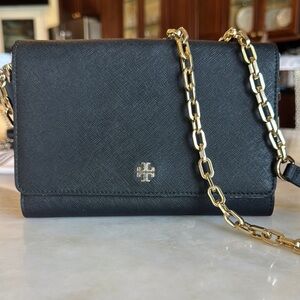 Tory Burch Black Saffiano Crossbody Bag with Gold Chain
